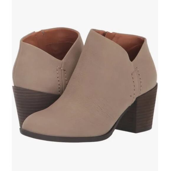 Lucky Brand Bellita Heeled Leather Ankle Bootie Block Heel Taupe Womens Size US9 - Picture 3 of 13